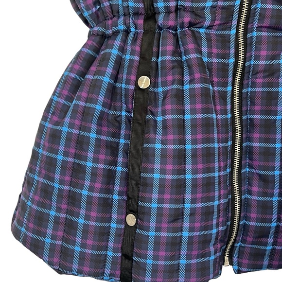 NWT Erin London Puffer Vest Medium Plaid Purple Black Zip Front Adjustable Waist - Picture 3 of 13